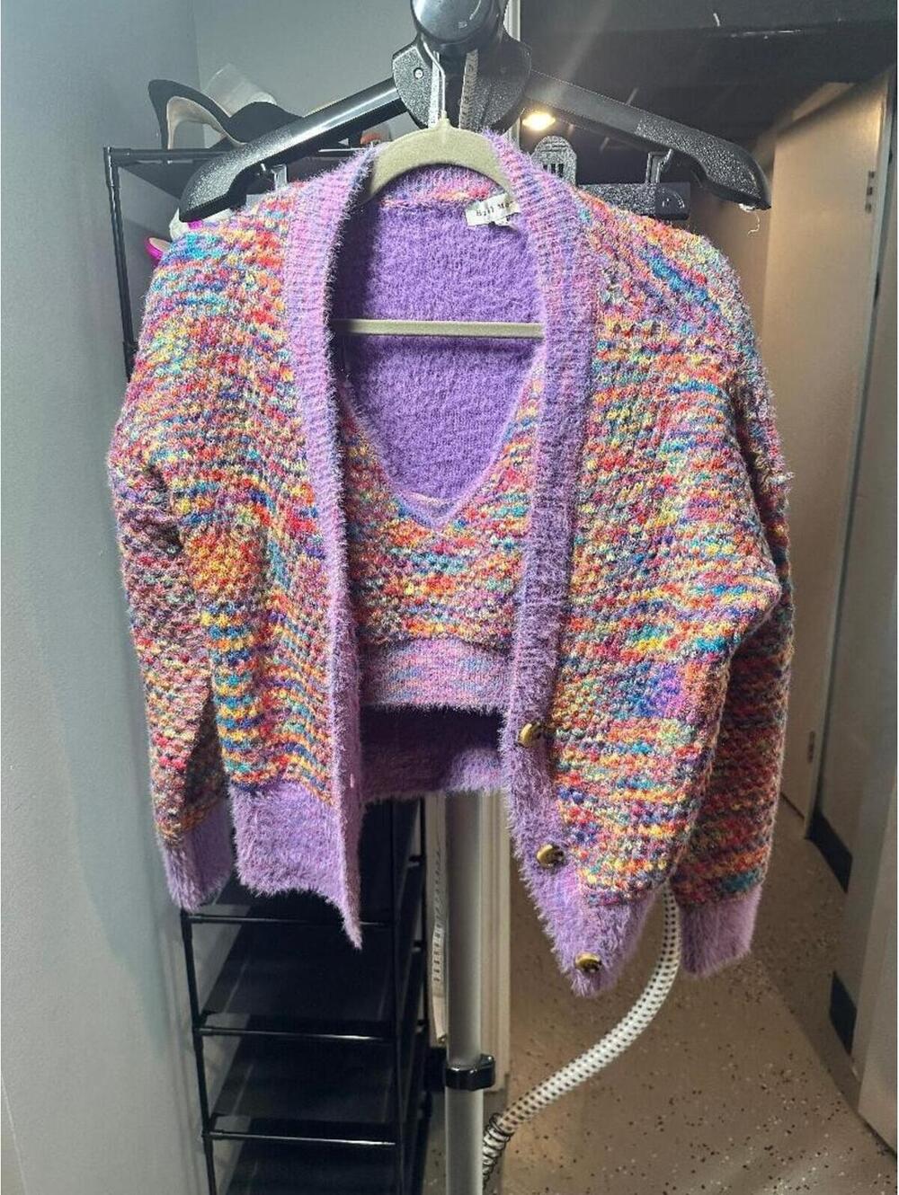 Hazel Moon Fuzzy Knit Cardigan & Bralette Set M Rainbow Speckled Soft Cozy Bouti - Picture 3 of 7